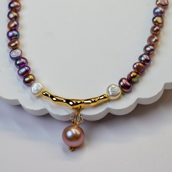 Natural Metallic Purple Pearl Necklace 18" Gold Plated Sterling Silver - Picture 6 of 10